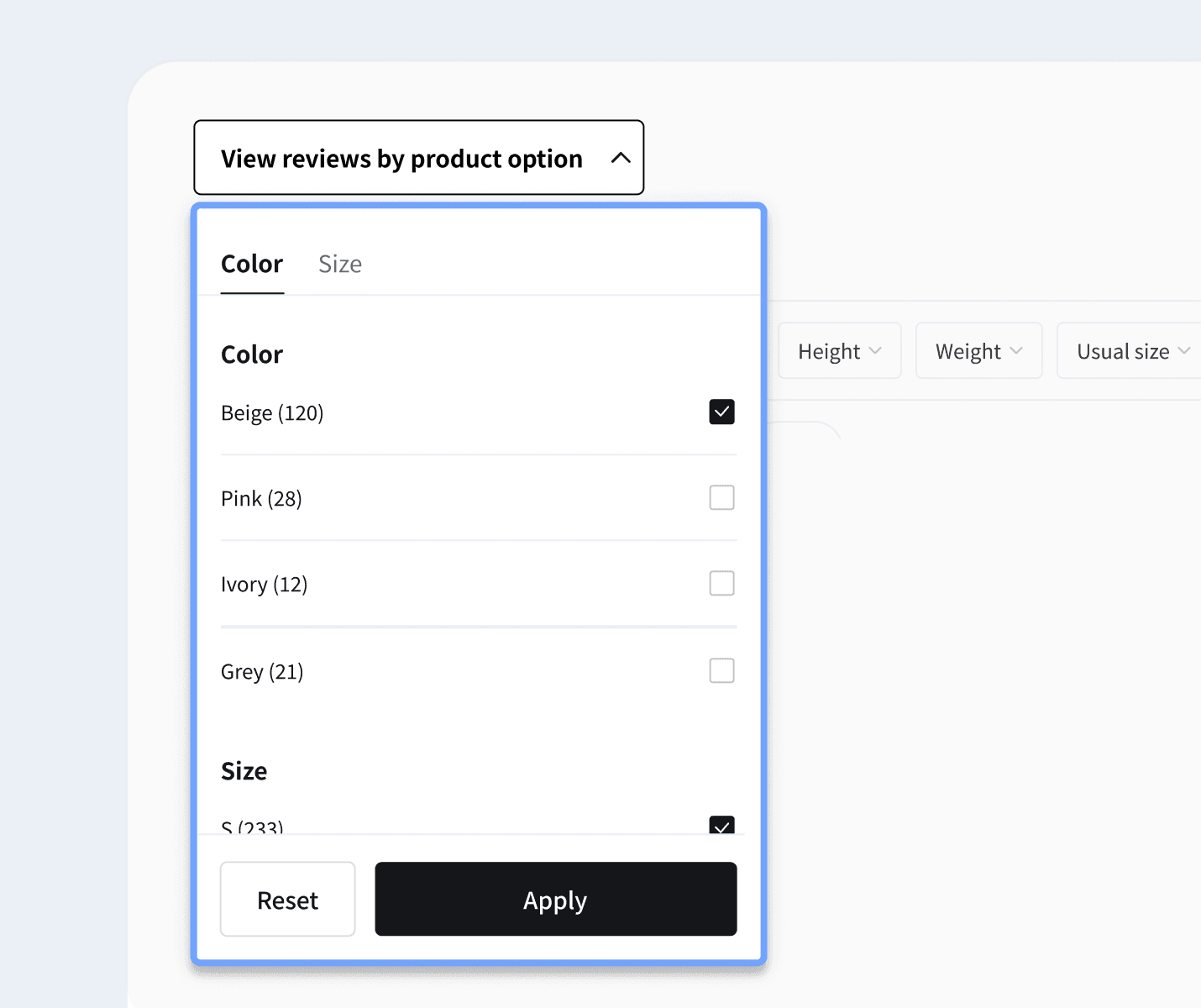 Filter Shopify reviews by product option