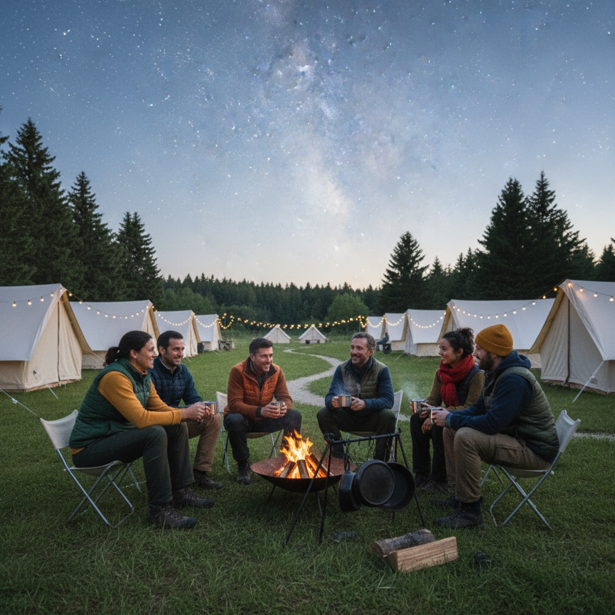 Abendstimmung auf einer Wiese mit Zelten und kleinen Lichtern. Eine Gruppe sitzt um eine Feuerschale, dampfende Tassen in den Händen, leises Lachen in der Runde. Über den Parzellen spannt sich ein klarer Sternenhimmel. Das Flackern spiegelt sich in Metallhaken und an frisch gewaschenen Kochutensilien.