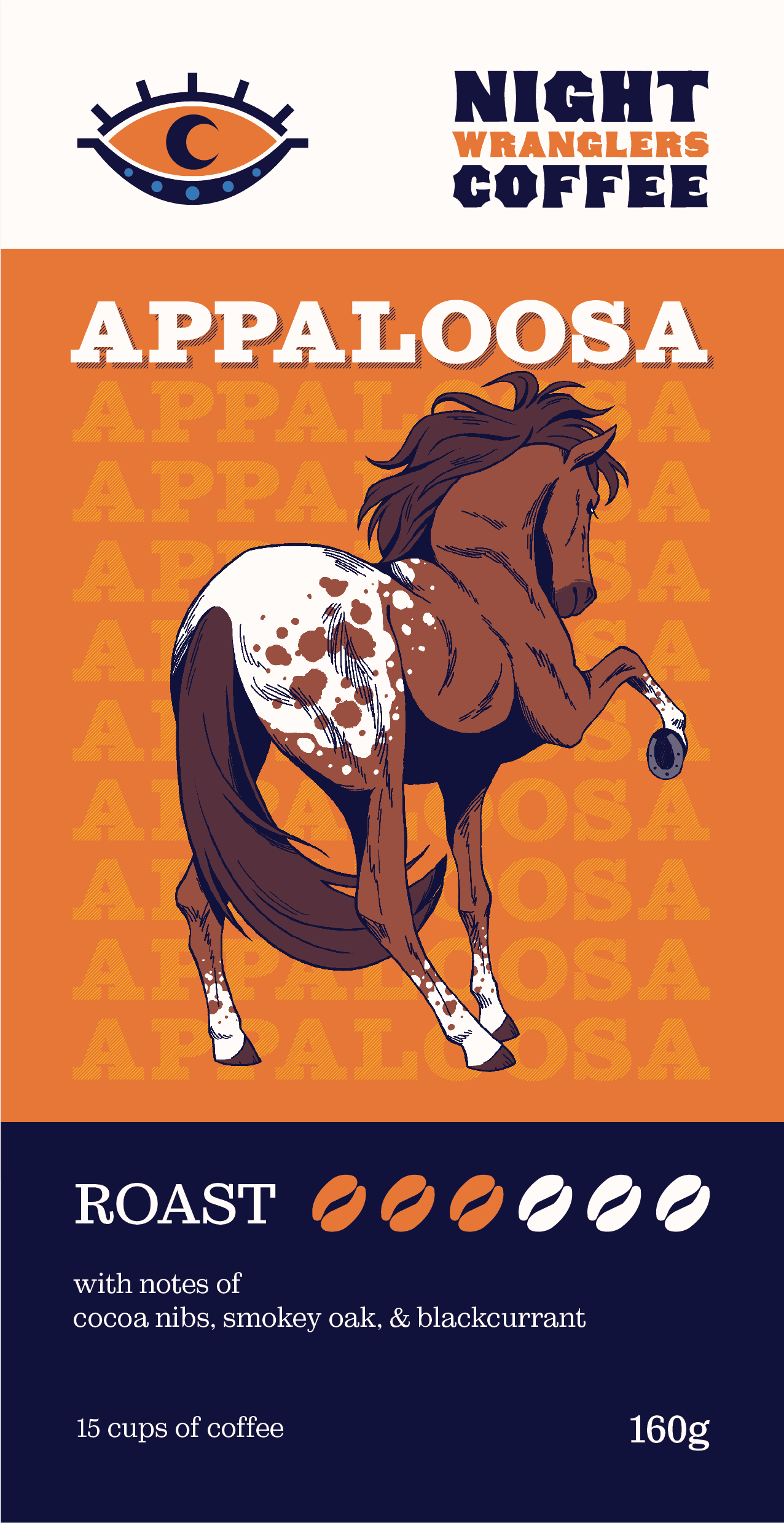 Appaloose coffee label with a brown and white spotted coloured illustrated horse