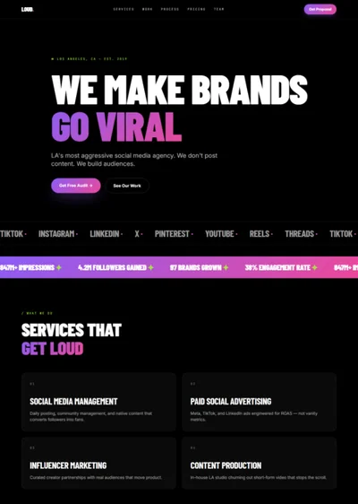 Social media agency website template preview with bold viral headline