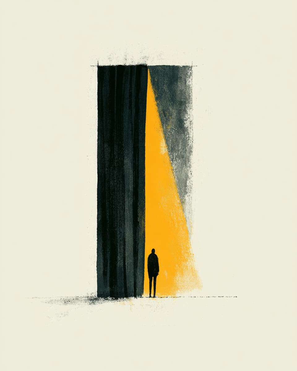 Illustration Person steht vor Vorhang mit Licht, Kunst