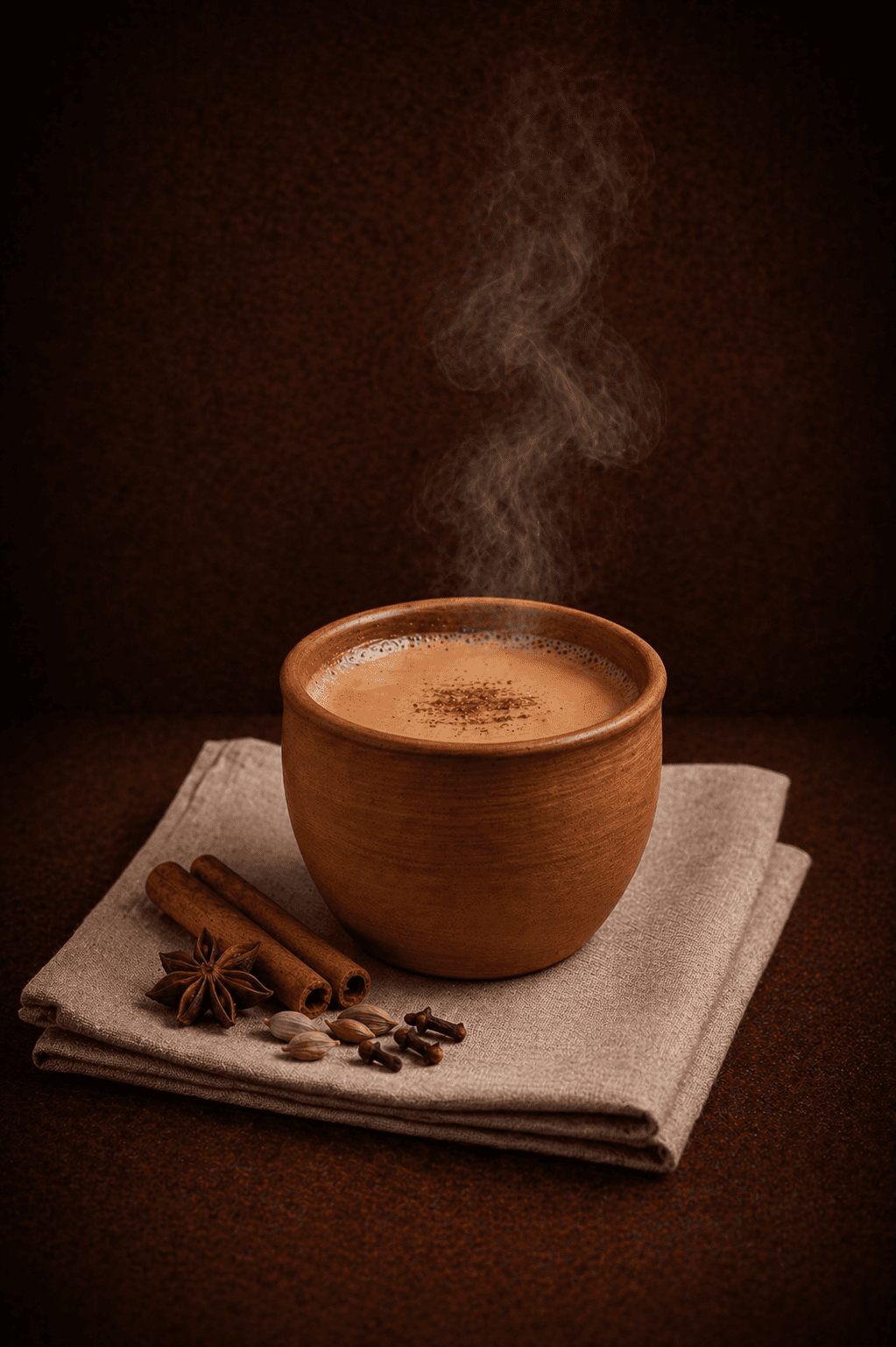 Chai Tea in a handcrafted clay cup with cinnamon and star anise at Café Sherpa's, Brookfield WI. A sweet, milky tea spiced with ginger, cinnamon, and cardamom.