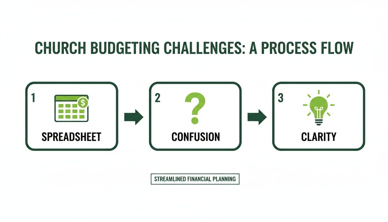 A process flow diagram illustrating church budgeting challenges: from spreadsheet, through confusion, to clarity.