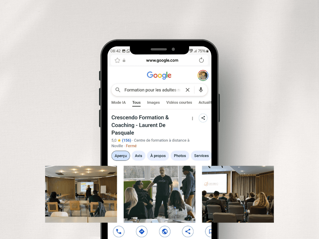 « Fiche d’établissement Google de Crescendo Formation affichant le nom de l’organisme, sa note de 5 étoiles basée sur de nombreux avis, son adresse, ses horaires d’ouverture et les boutons d’action pour appeler, obtenir un itinéraire, laisser un avis ou visiter le site web. Une photo du formateur et une vue extérieure du lieu apparaissent en aperçu.