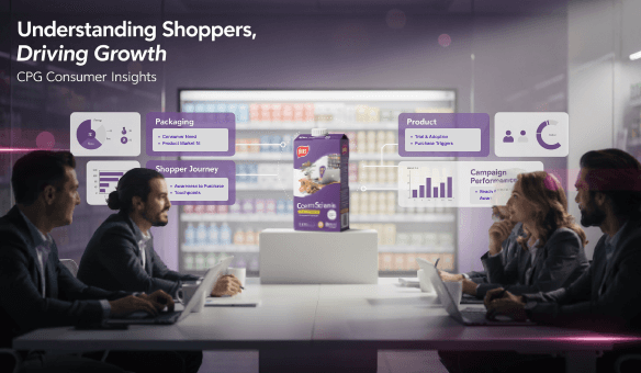 CPG team reviewing shopper insights across product, packaging, and campaign performance.