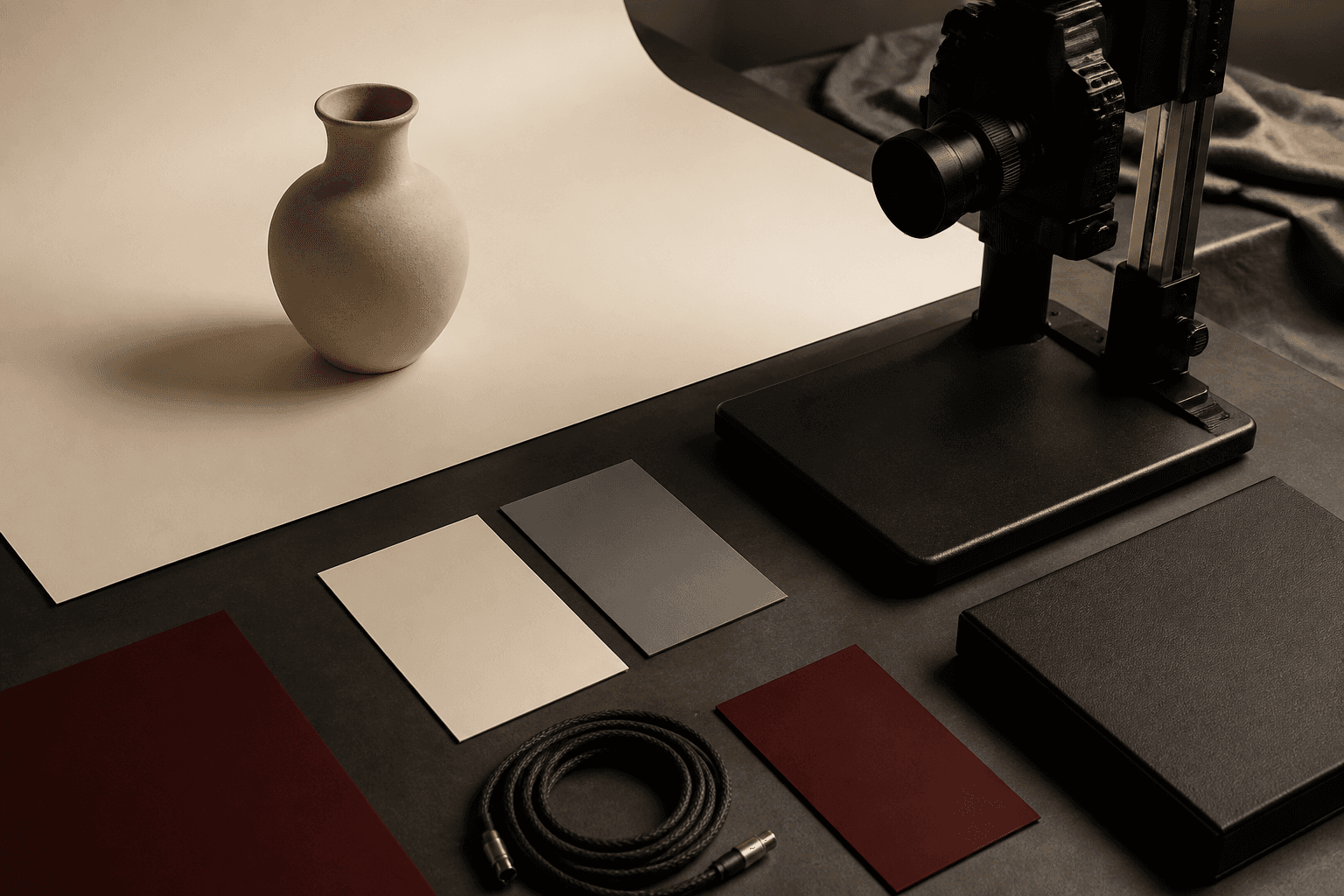 Conceptual product studio with camera, ivory sweep, neutral cards, and an object under review