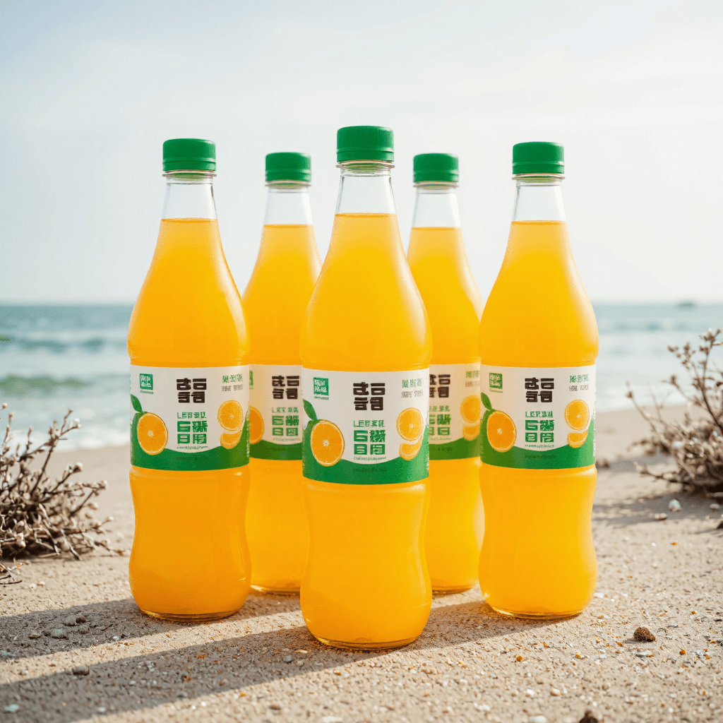 product photography of a pack of fruit juice bottles, specifically lemon juice