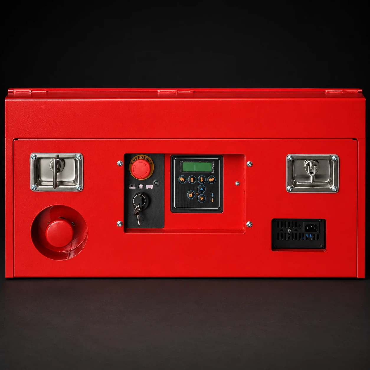 Lower control panel of an electric scissor lift with switches and emergency stop button