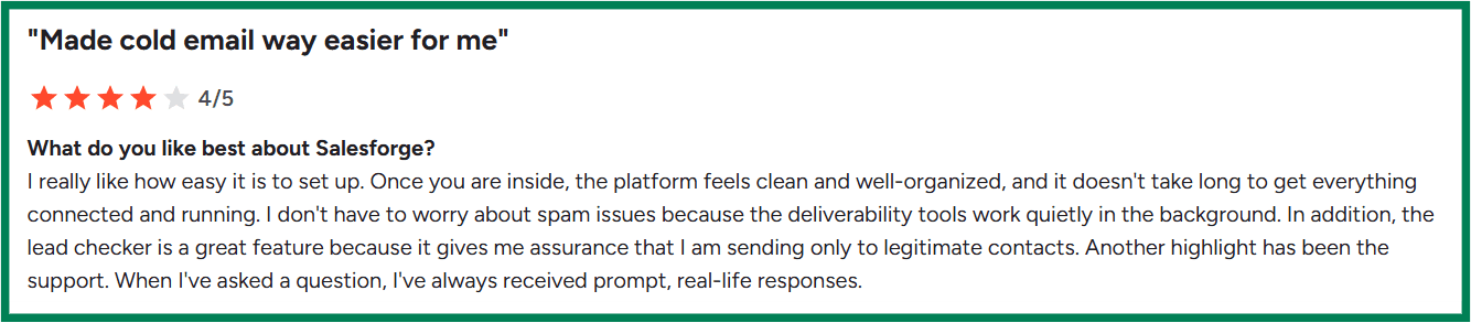 Salesforge G2 review about easy setup