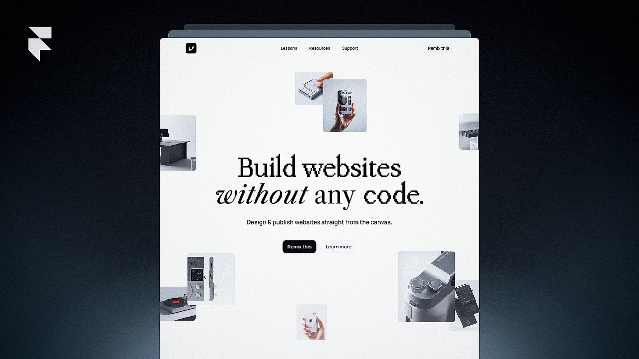 Website design template promoting code-free website building, featuring a minimalist layout and interactive navigation links