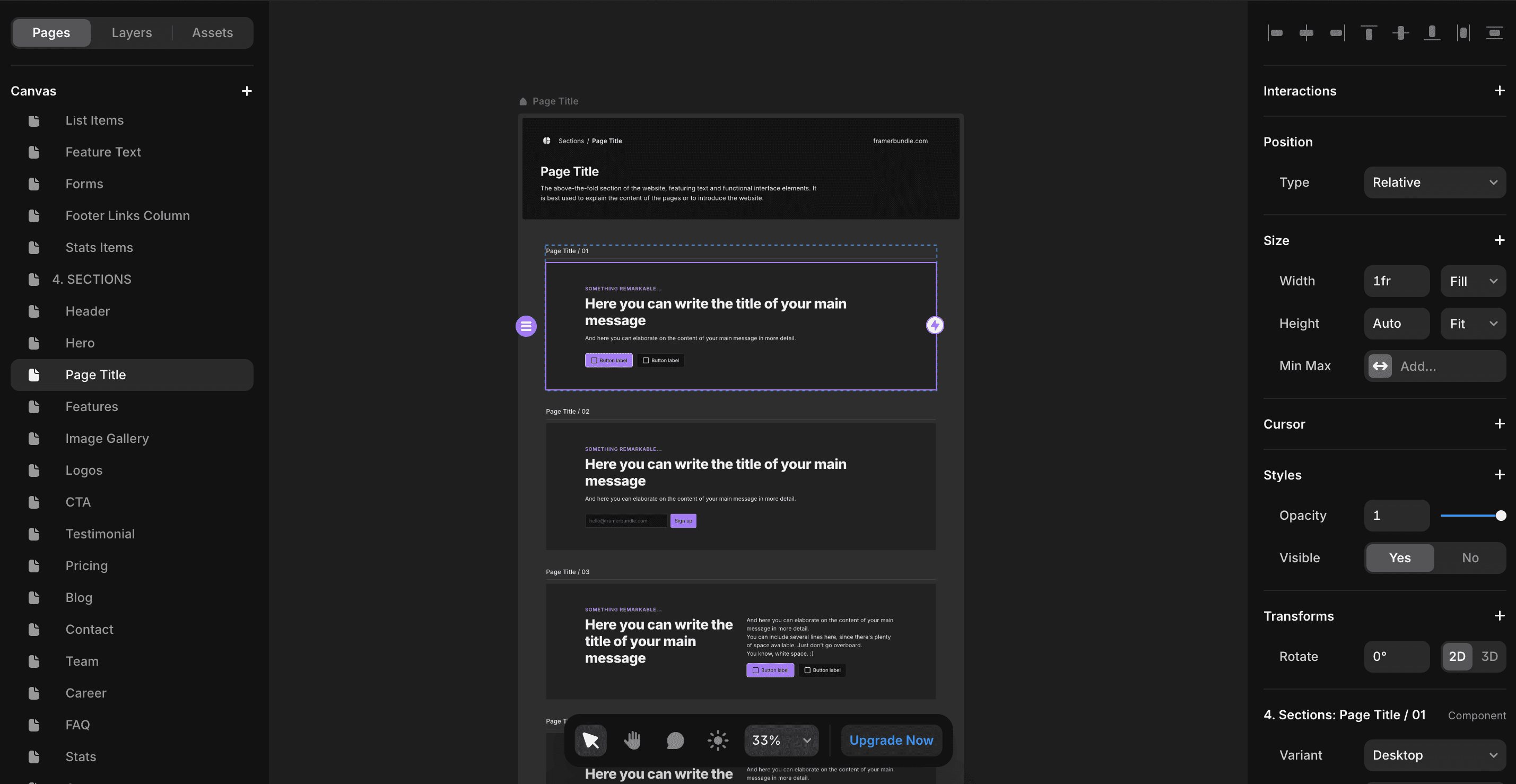 A collection of different page title section designs from the Simple Frames wireframe kit, showcasing various layouts and styles for website headers.