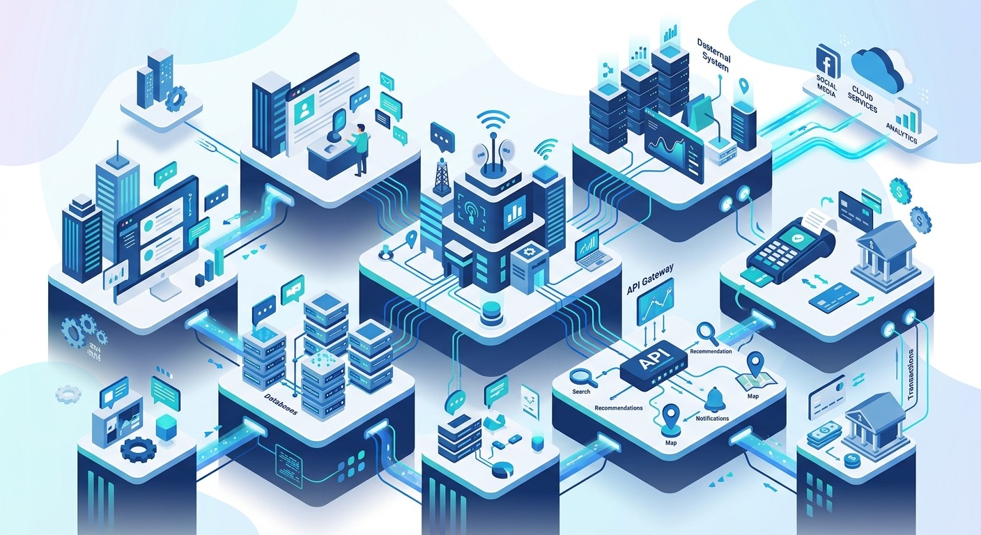 Isometric illustration of a complex app ecosystem with connected services, databases, and APIs