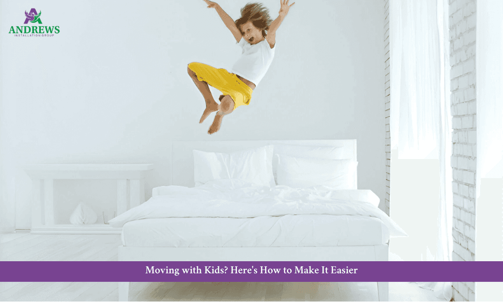Child jumping on a bed after furniture installation in a new home