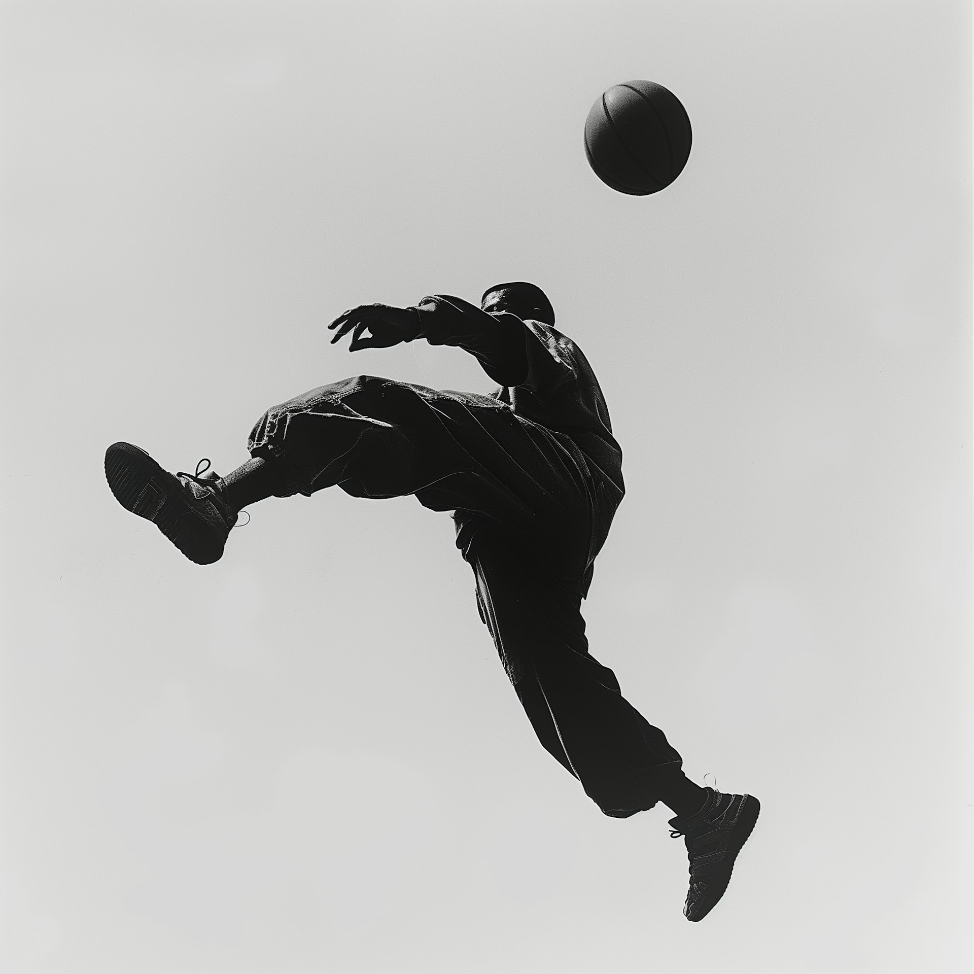 The image captures a dynamic, high-contrast moment of a basketball player in mid-air against a plain bright background.