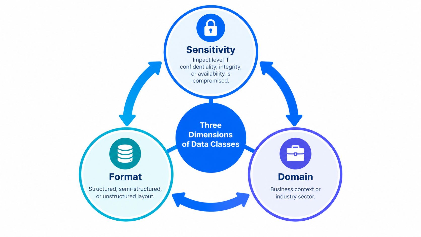 A diagram illustrating the three dimensions of data classes: Sensitivity, Format, and Domain, connected by arrows.
