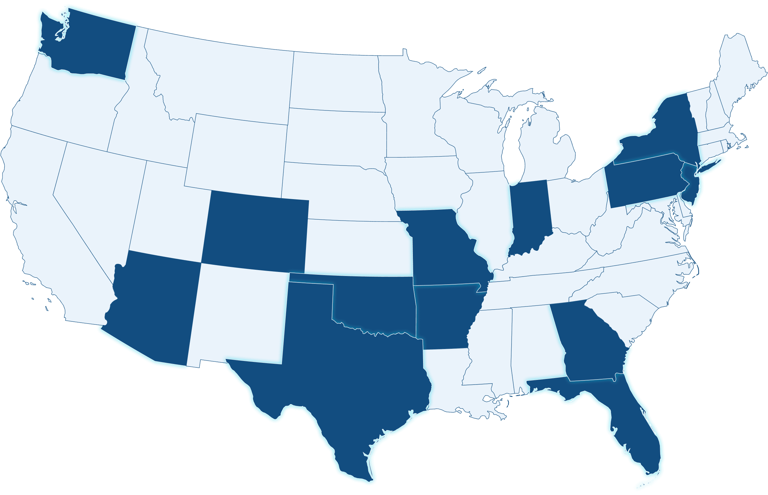 Map of the United States highlighting the states where Remedy Specialty Pharmacy is licensed to dispense