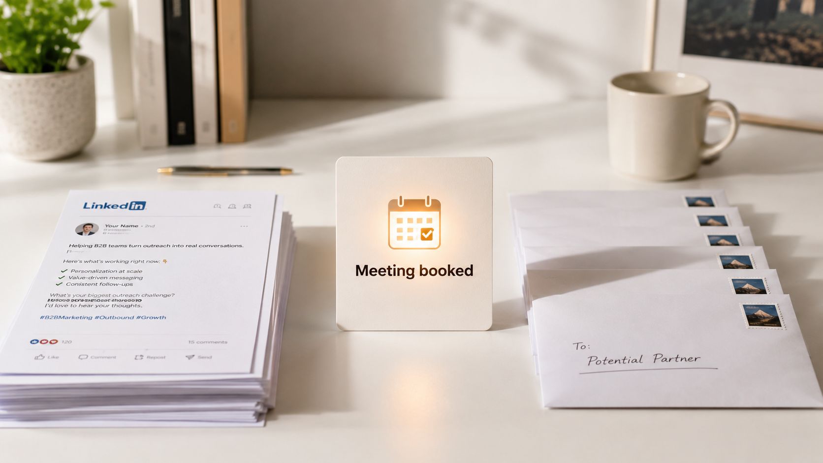 A professional desk setup featuring a LinkedIn post, a Meeting booked sign, and letters to potential partners.