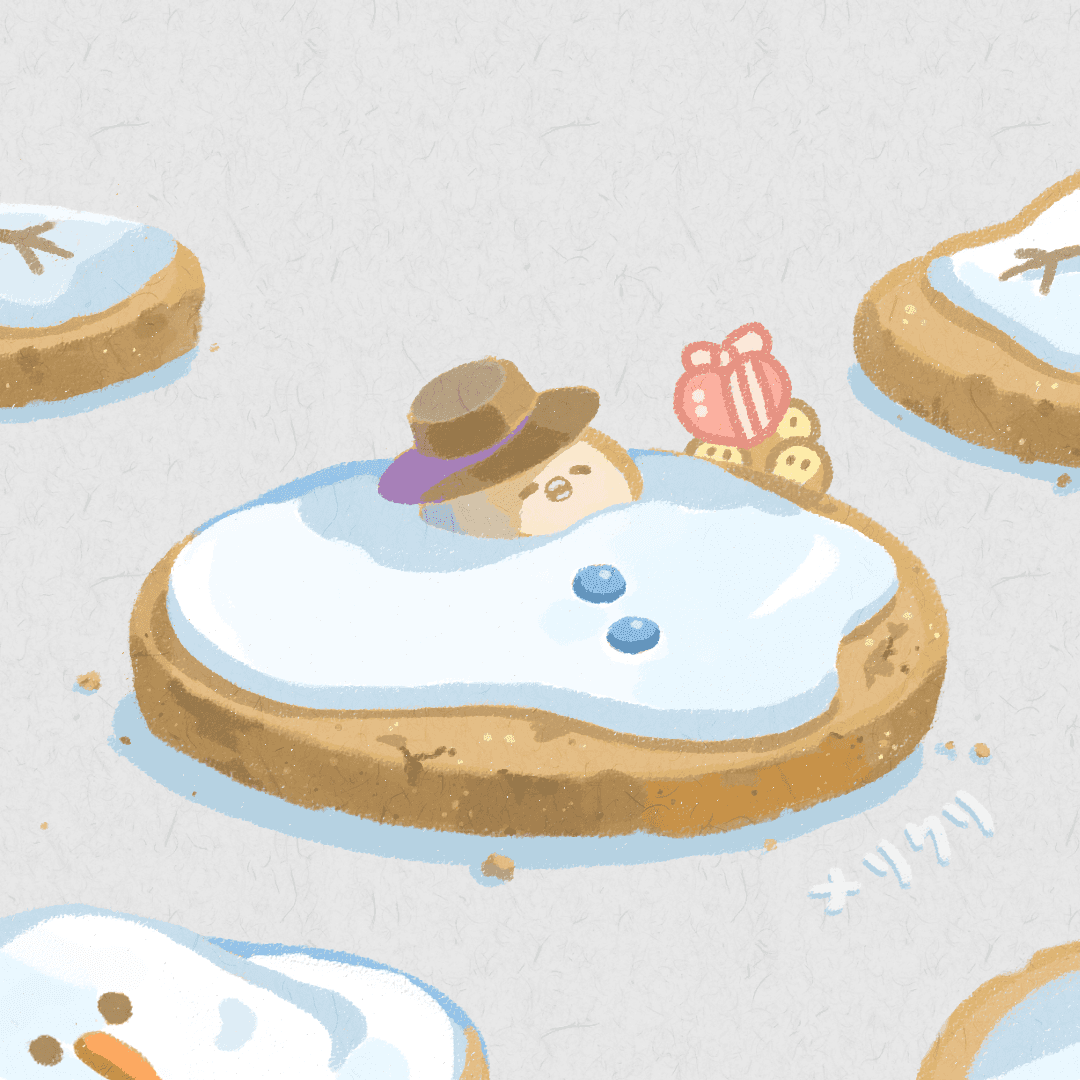 阿醬躺在融化的雪人糖霜餅乾，旁邊的小生物舉著愛心形狀的禮物
