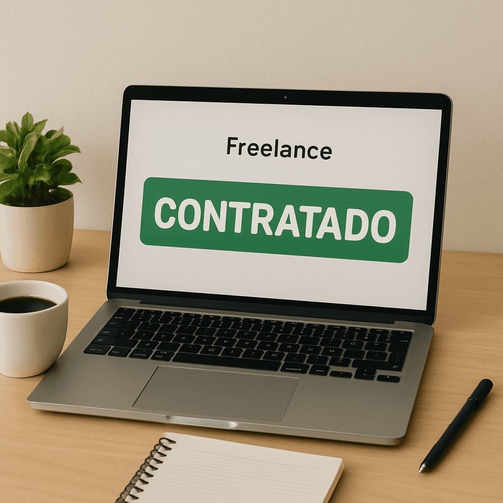 Un espacio de trabajo limpio con un café y una laptop que muestra un mensaje de 'Contratado' en una plataforma de freelance