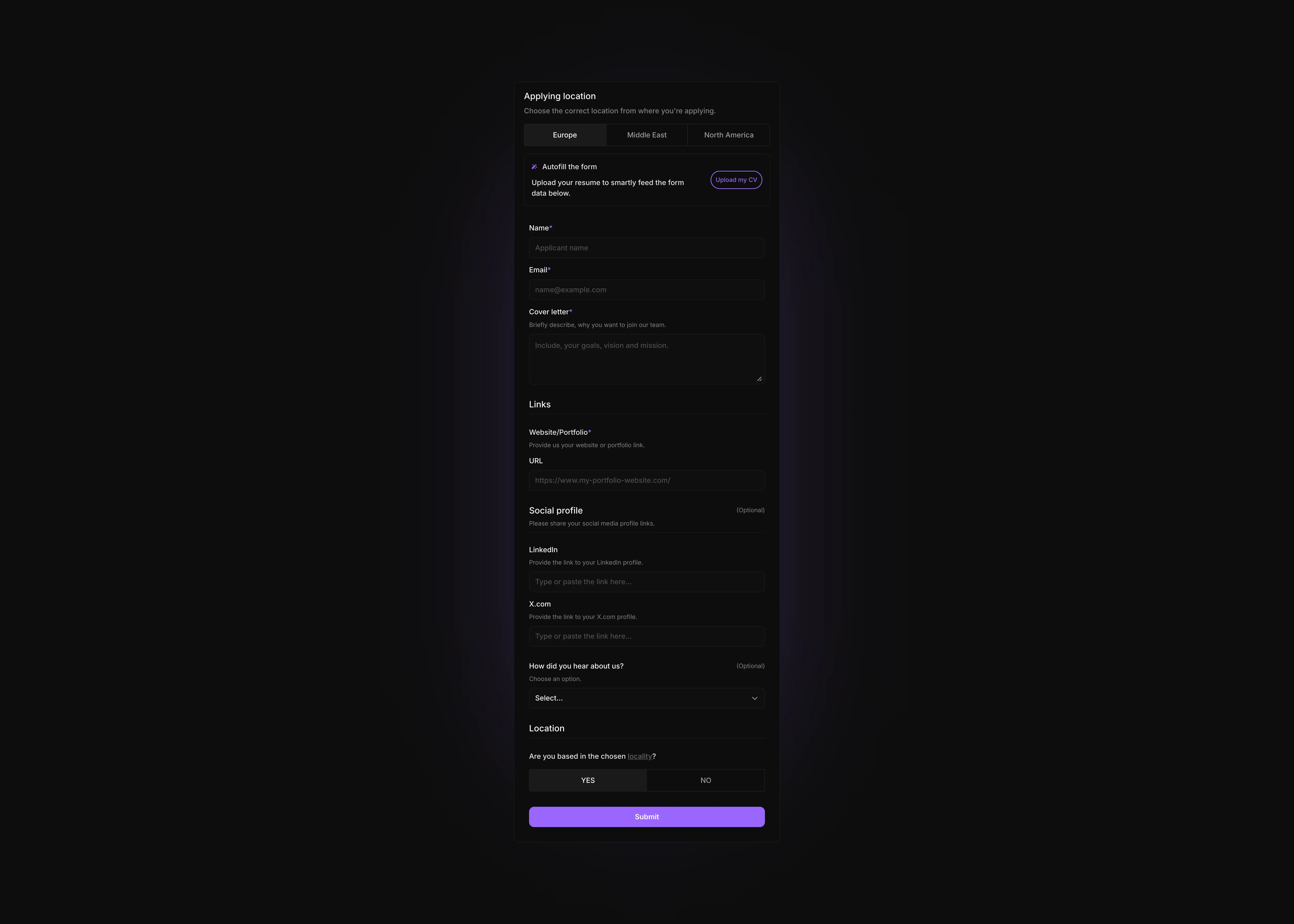 dark themed application form