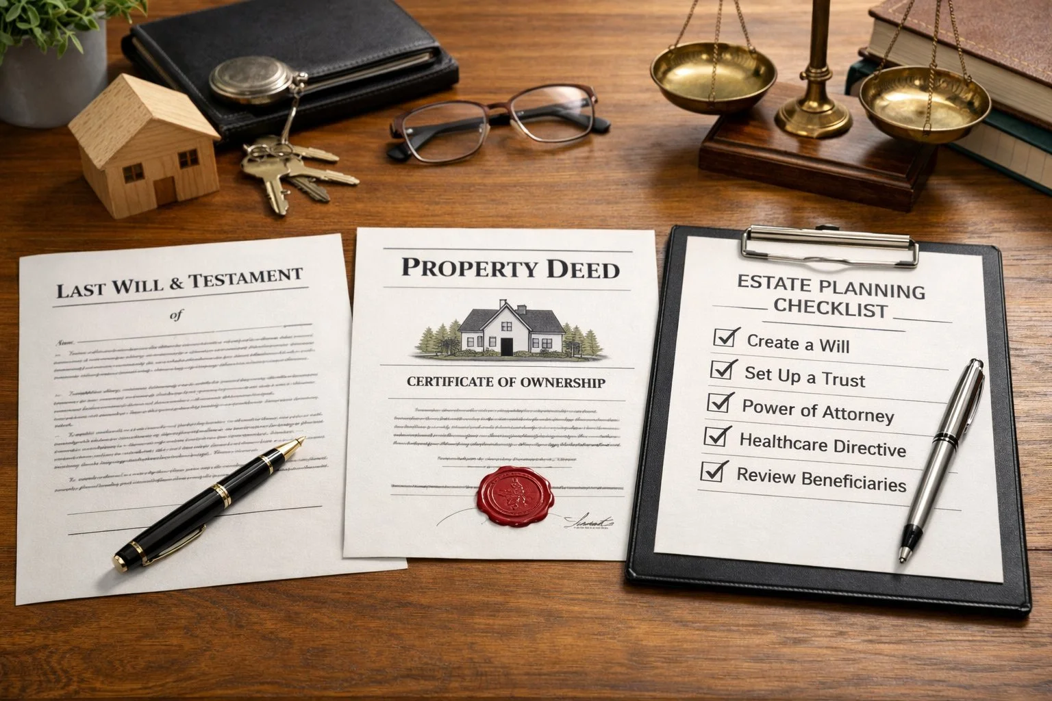 Well-organized desk with a will, property deed, and checklist, symbolizing careful planning and protection of family assets.
