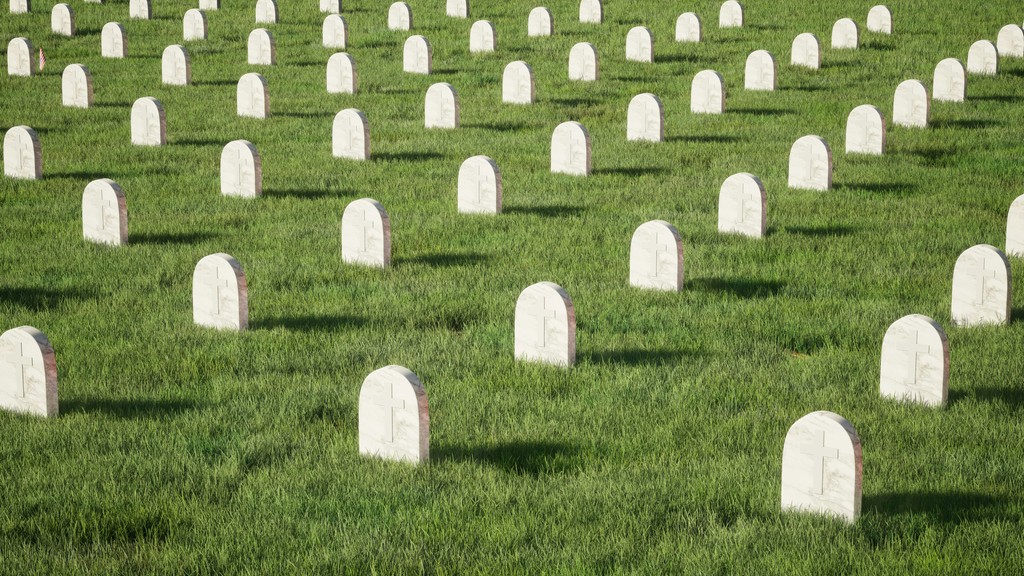 Rows of white gravestones neatly arranged in a green, well-maintained cemetery, creating a solemn and respectful tribute to the fallen.