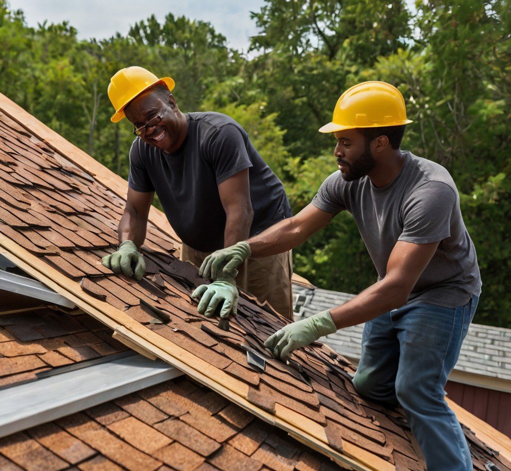 Two men wearing hard hats, repairing a roof