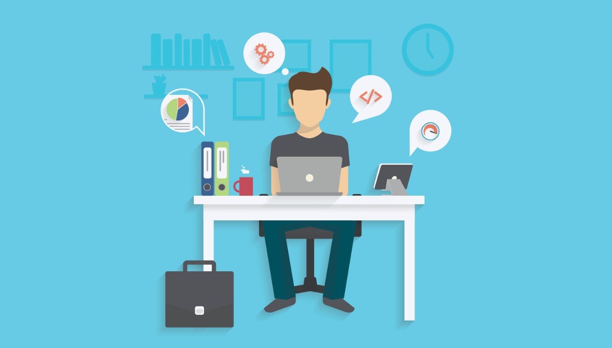 A professional working at a desk surrounded by digital icons for code, charts, and gears.