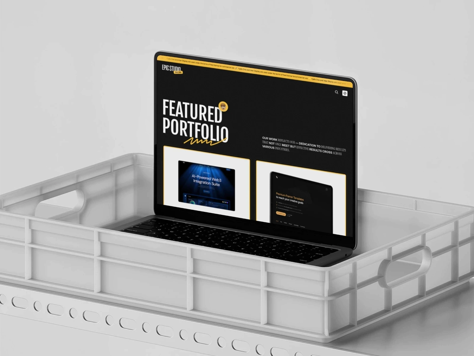 Epic creative agency Framer template displayed on a laptop mockup showcasing featured portfolio section with project cards