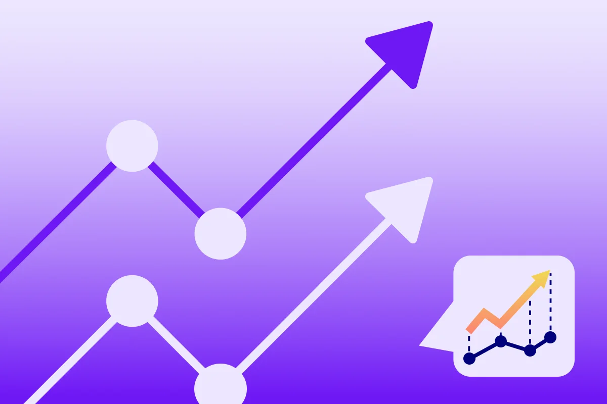 Graph with upward trends; purple arrows indicate growth, accompanied by a speech bubble showing a line graph.