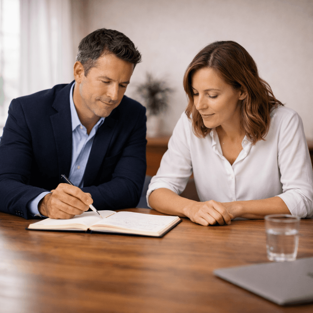 Two business professionals seated at a table reviewing notes together in a notebook.