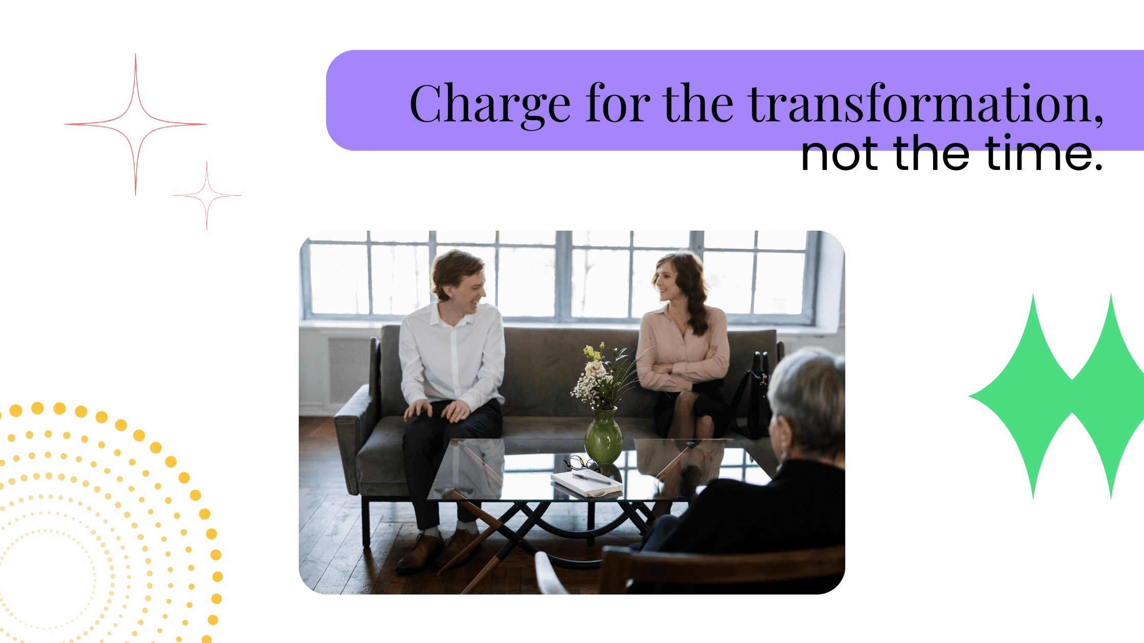 Coach in a client session explaining value-based pricing, showing how to charge for transformation instead of time or hours.