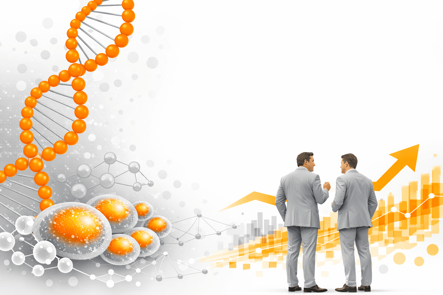 DNA, cells, and business graph with two men