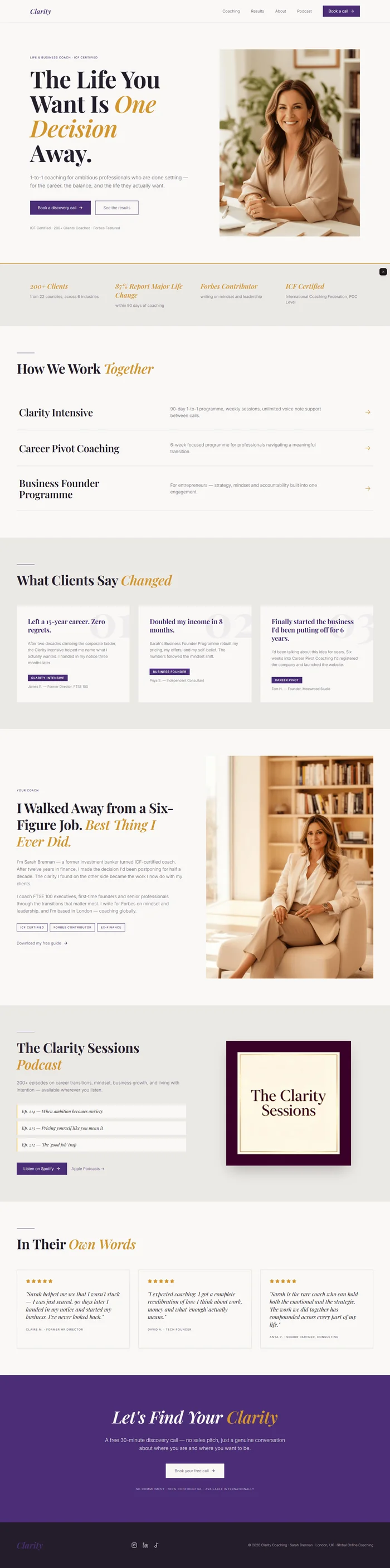Life coach website prompt full preview — warm off-white #faf8f4 background with deep plum #5a3480 primary and warm gold #c9913a accent, Playfair Display 700 split hero headline with static portrait image and ICF Certified trust chips, full-width warm surface transformation stats strip with four gold Playfair italic stats, three hover-raise programme rows with gold arrows, and three client result cards with large faded plum background numbers at 6% opacity