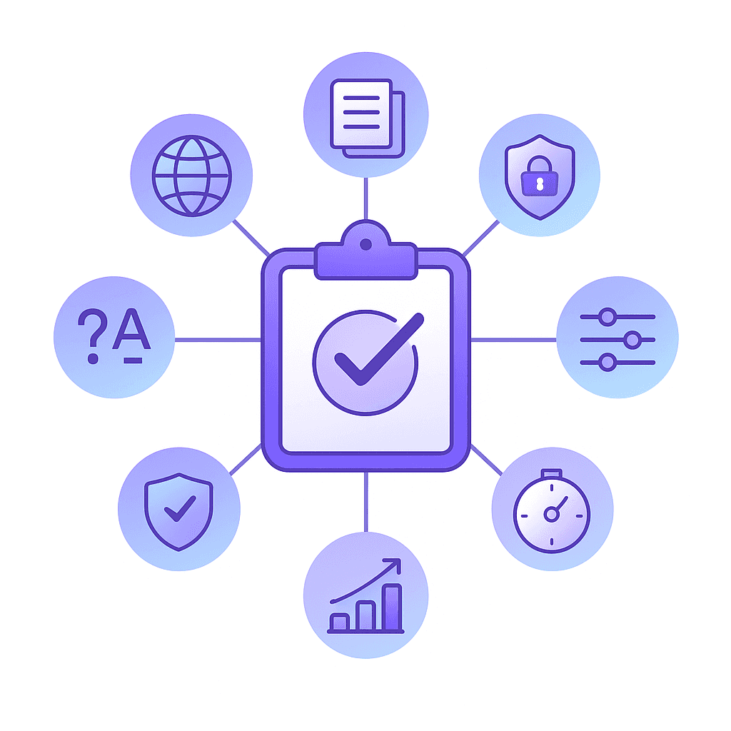 Circular infographic of eight feature icons surrounding a central checklist clipboard