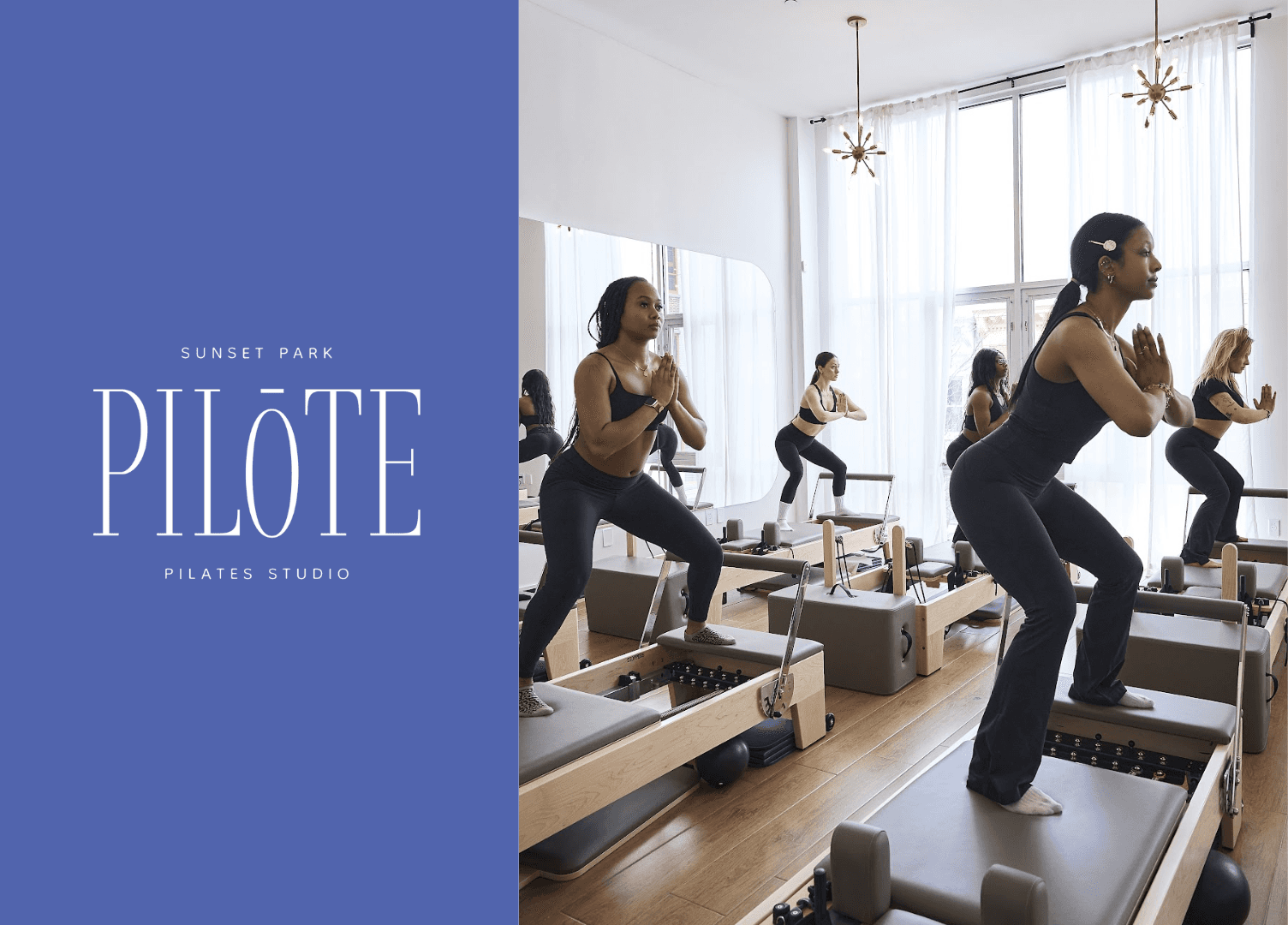 Interior of Pilote Pilates in Sunset Park, Brooklyn, with reformer equipment set up for a class