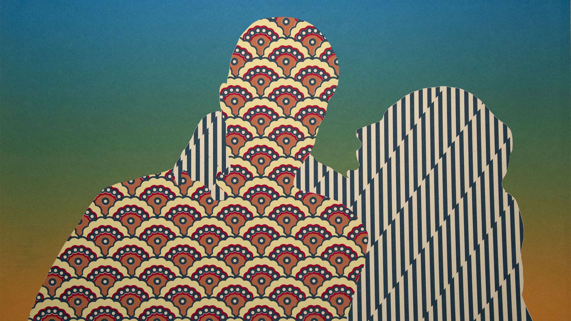Silkscreen print featuring layered human silhouettes filled with contrasting retro-inspired patterns, including repeating wave motifs and striped lightning graphics, set against a soft blue-to-green gradient background exploring rhythm, identity, and visual interaction through hand-crafted printmaking.