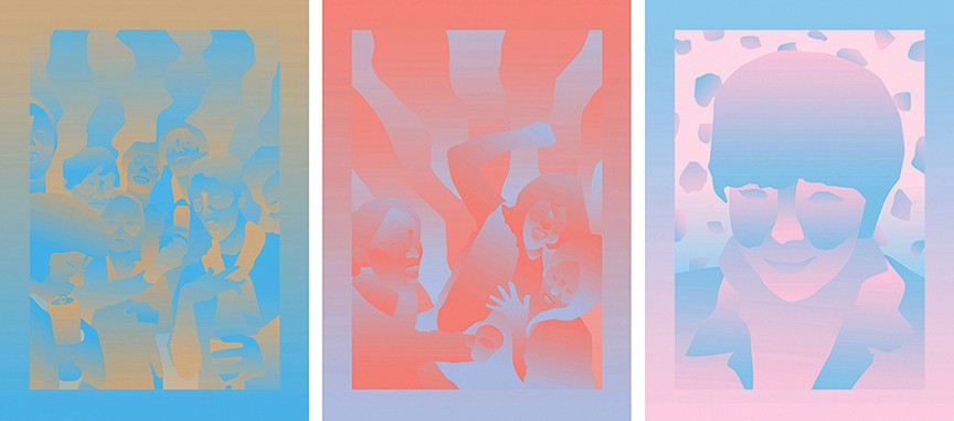 A picture containing three artistic gradient shade images of peoples.