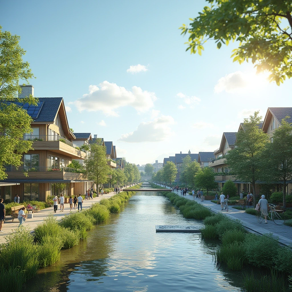 Bostadskvarter med folk i rörelse.