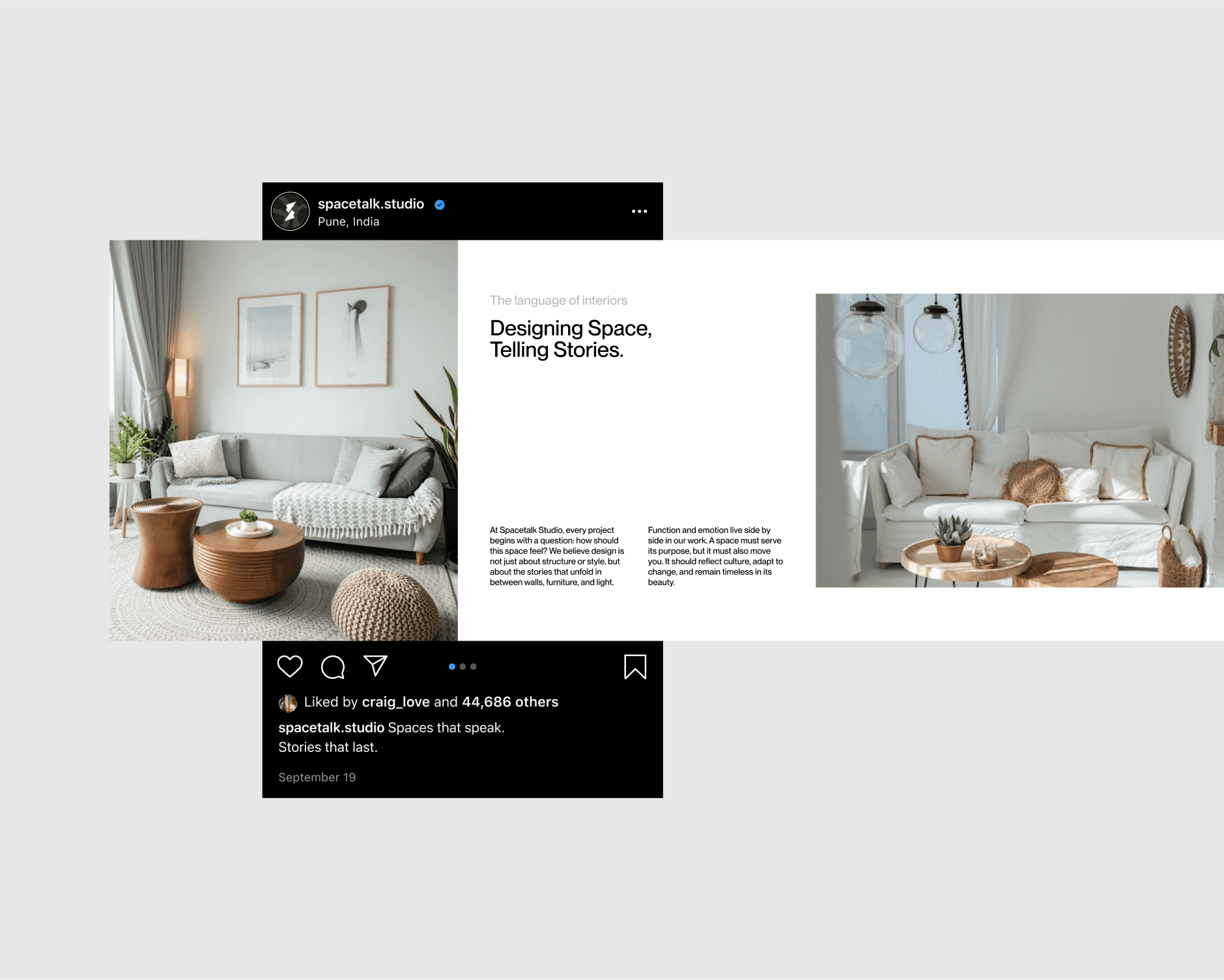 The image showcases an elegantly designed living room featuring white sofas, earthy-toned cushions, a circular wooden coffee table, and framed art on the walls, conveying a modern and cozy interior style.