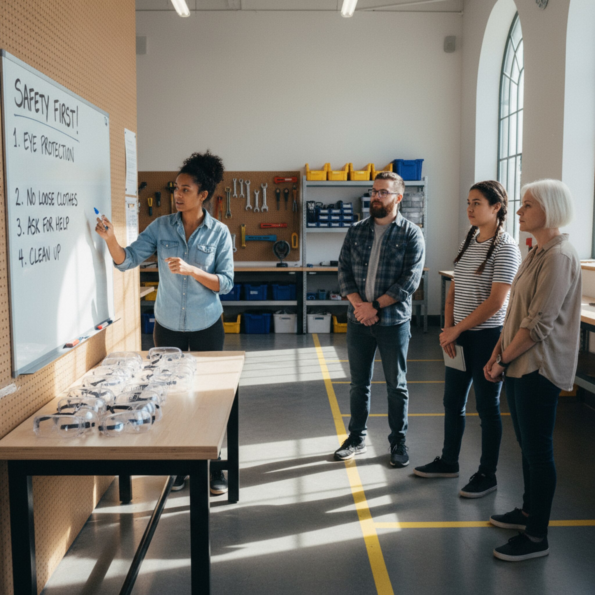 Ein Trainer erklärt an einer Tafel die Sicherheitsregeln, neben ihm liegen Schutzbrillen ordentlich bereit. Vier Teilnehmende stehen im Halbkreis und hören aufmerksam zu. Die helle Werkstatt ist aufgeräumt, gelbe Markierungen strukturieren den Boden. Die Atmosphäre ist fokussiert, freundlich und motivierend.