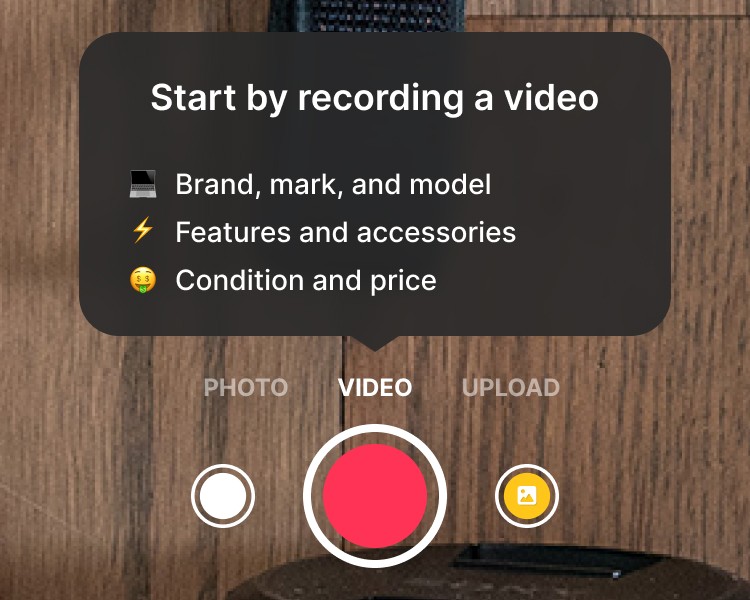 Video recording screen with item detail prompts for creating listings