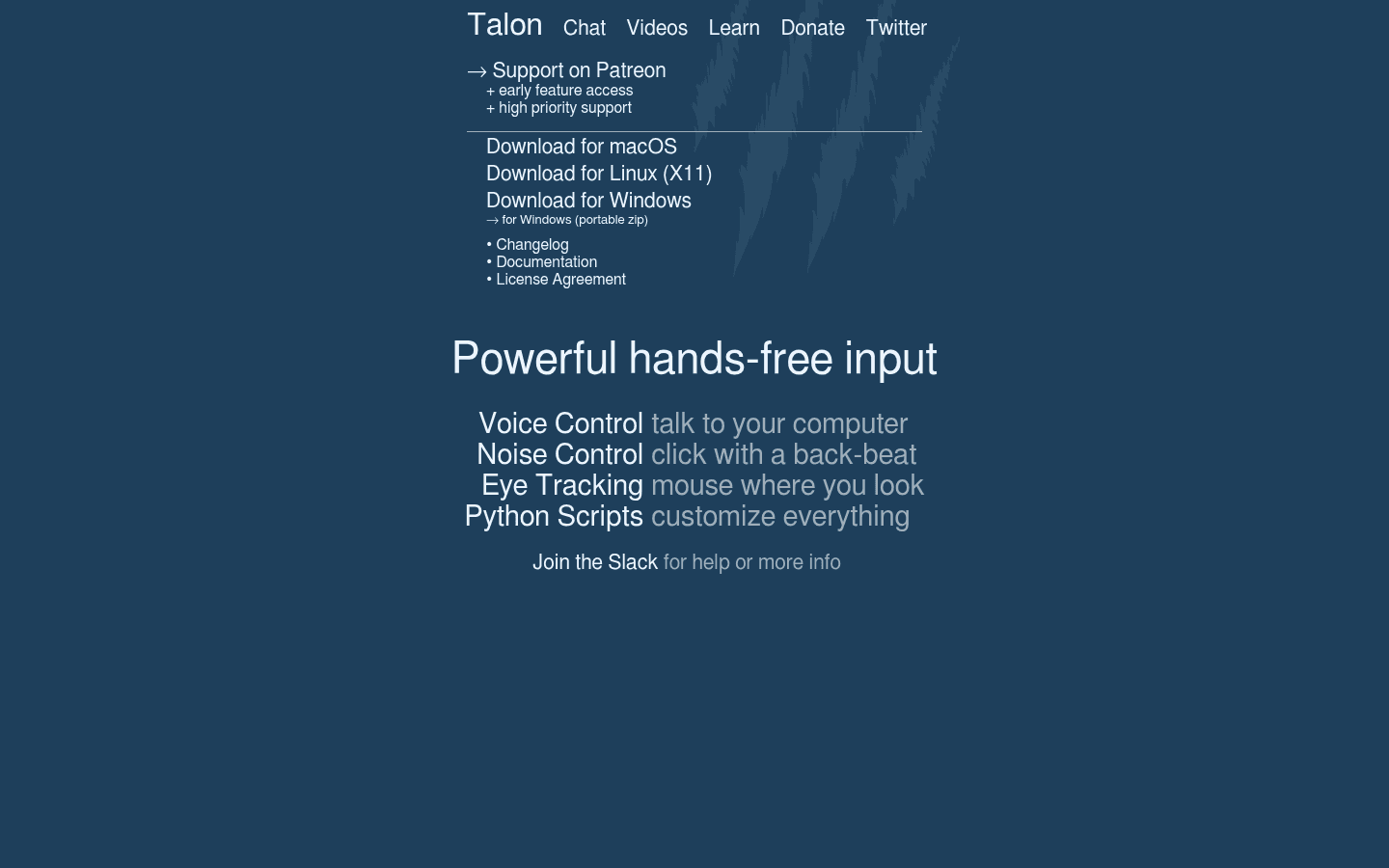 Talon Voice homepage showing powerful hands-free input