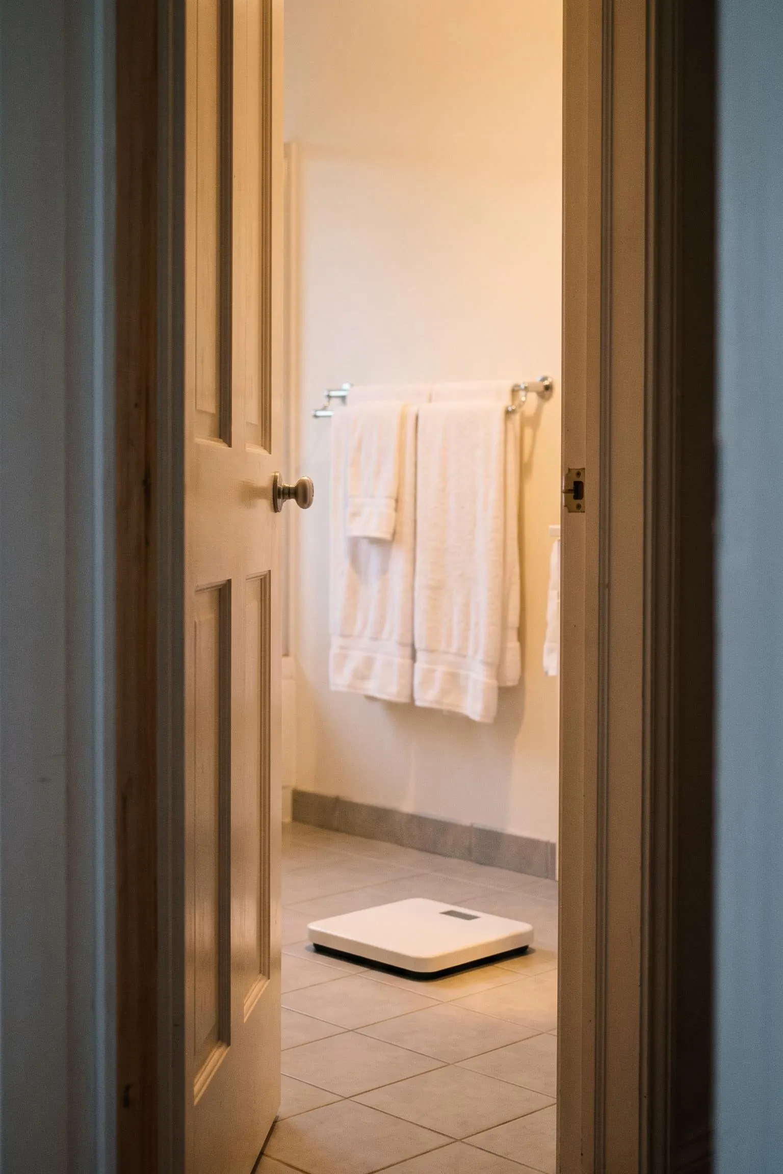 A bathroom scale on a tiled floor seen past an open doorway in warm evening lamplight