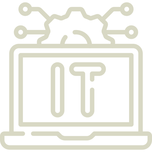 Laptop displaying ‘IT’ with a gear and circuit connections above it, representing information technology systems