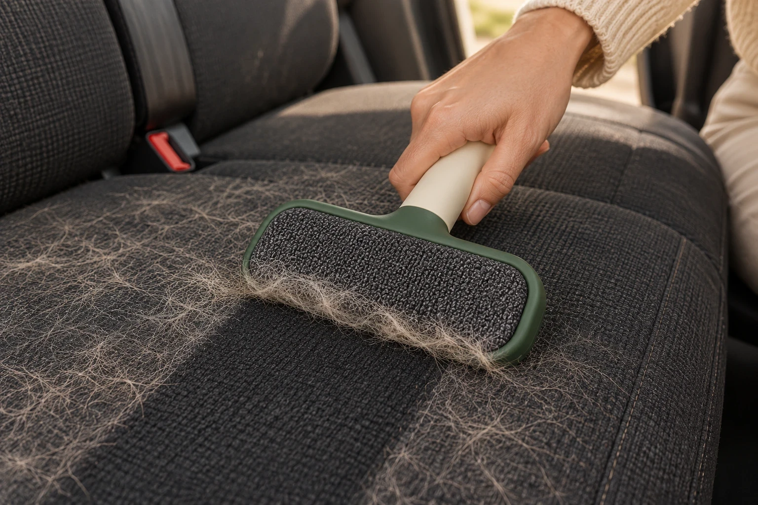 Fur Sweep gathering pet hair from a charcoal car seat, leaving a clean strip of upholstery.