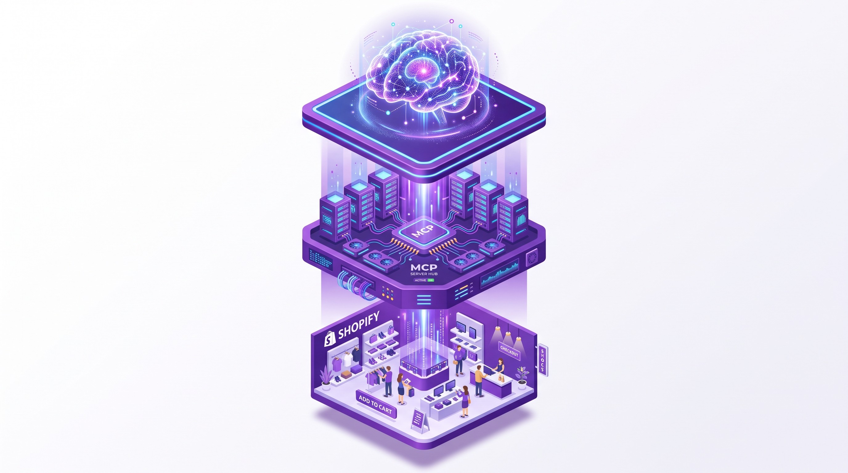 Three-layer MCP architecture connecting AI assistant to Shopify Admin API