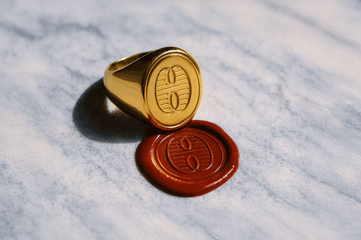 Gold signet ring with engraved emblem resting beside a red wax seal stamped with the same design on a marble surface.