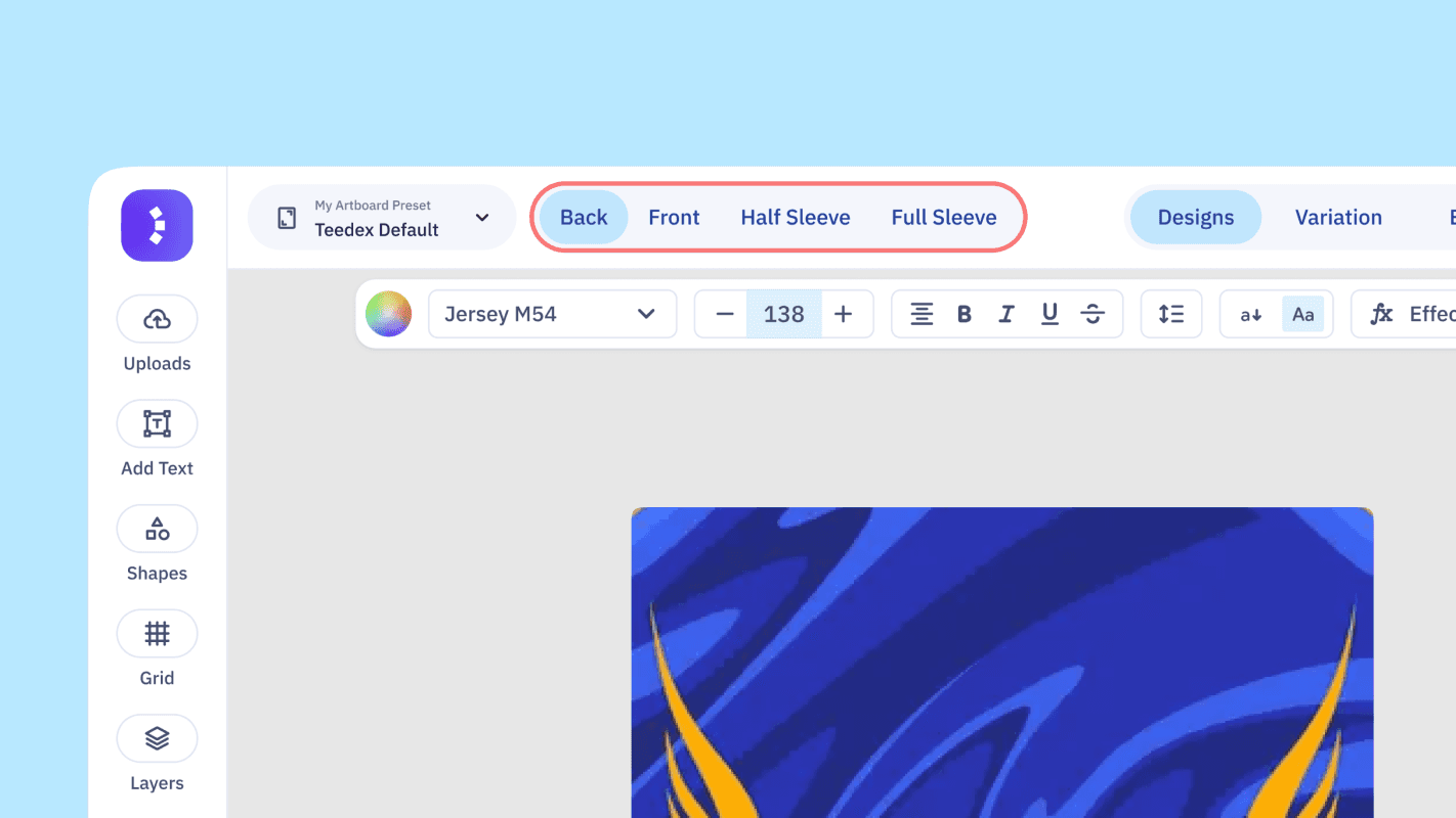Teedex editor tabs for Back, Front, Half Sleeve, and Full Sleeve