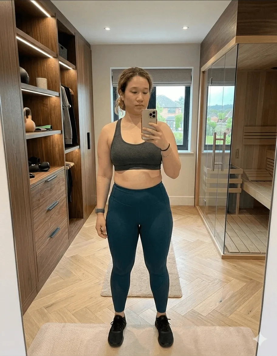 Anastecia before fitness transformation – front view mirror selfie in grey sports bra and teal leggings showing starting physique